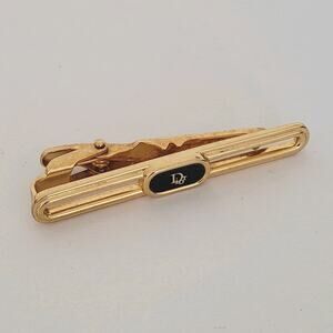 Christian Dior Tie Bar Clip Clasp Gold Black Tone Logo Vintage Designer Germany